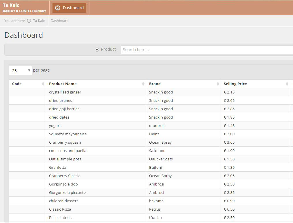 Ta' Kalc is a Bakery & Confectionary shop, that needed a 
                         more suitable way of organising product retail and whole sale prices for the employer to access from anywhere needed.
                         The employees also have an easy way of accessing all products information.